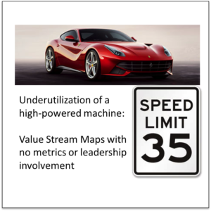Underutilization of a high-powered maching: Value Stream Maps with no metrics or leadership involvement